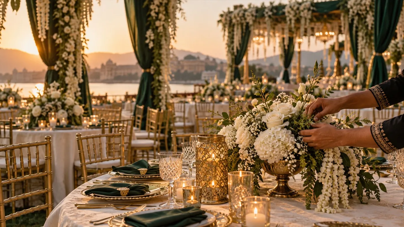 A wedding venue being prepared, with gold chairs and white florals